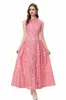 Frauen Runway -Kleider drehen Kragen ärmellose Stickerei Single Breasted Elegant Mode Long Vestidos Prom Prom