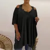 Plus size dames kant vneck tuniek tops zomer koude schouder casual shirt oversized dames mode kleding kleding 2023 240419