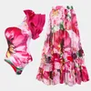 Impressão floral de roupas de banho feminina One peça maiô e saia para mulheres Monokini ombro 3d Flower Beach Bathing Suiting