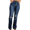 Frauenhose große Slim-Jeans mit mittleren T-Taste gewaschen und ausgefranste Hose mit weitem Bein