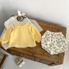 Kleidungssets 2024 Frühling Baby Girl Langarm Kleidung Set Baumwollkind Süßes feste Tops Blumendruck Shorts 2pcs Anzug Kleinkind Outfits