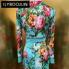 Ilyboojun Modedesigner Frühling Seidenstifte Kleid Frauen O-Neck Langarm Blumendruck Elegante Partykleider 240429