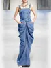 Abiti casual Fashion Fashion senza maniche Design Ruched Denim Maxi Dress Vintage Elegant BodyCon Party Straight for Summer 2024