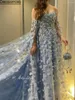 Sukienki imprezowe jasnoniebieskie kryształowe wstążki z frezowania Dubai Prom A-line z Cape 3D Flowers Arabskie suknie