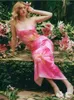 Vestidos casuais boofeenaa rosa estampa de flor rosa vestido de verão 2024 elegante férias de roupas de espaguete strap backless c85-bh22