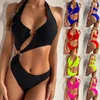 Women's Swimwear Cut Out Metal Rings One Piece Swimsuit Women Female Cross Back High Leg Bather Bathing Suit Swim