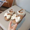 Summer Kids Sandals for Girls Elegant Pearl Bowknot Fashion Versatile Sweet Children Causal Party Wedding Flats Beach Shoes 240430