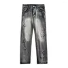 Jeans masculin denim de la jambe droite hommes tissu gradient de couleur pantalon épissant avec croix en détresse pour