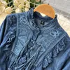 Casual klänningar ayualin vintage bomullsblommor broderi höstklänning blå denim för kvinnor mantel långärmad o-hals ruffles boho vestidos