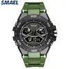 Wristwatches Fashion Smael Top Quartz Multifunctional Dual Movement Waterproof Back Light Alarm Clock Male 8070 Military Sport Green Watches