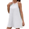 Casual Dresses Women Solid Color Halterneck Sleeveless Eyelet Loose Flared Flowy Short Dress