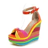 Plus maat 33-43 schoenen voor dames zomer wiggen sandalen kleurrijk platform regenboog bowknot hennep bodem vrouwelijke gesp riemschoenen 240428