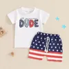 Vêtements Ensembles Summer Independence Day Toddler Baby Boys Boys Turnits Lettre à manches courtes T-shirt et étoiles élastiques Stripe Shorts Vêtements