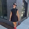 Zarif İnce Katı Cepler Mini Dres Yaz Modası Oneck Kısa Kollu Aline Siyah Elbiseler Ofis Lady Chic Vestidos 240423