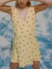 Casual jurken dames zomer tanktop mini -jurk gele bloemenprint v nek mouwloze backless backless banden slank strandmeisje
