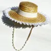 Cappelli larghi da donna Summer Hat Hat Lace Flower Straw con lunghi perle in metallo oro a catena a catena a catena Sun Beach Party