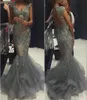 Elegant grå organza sjöjungfru prom klänningar skopa täckta ärmar rygglösa formella aftonklänningar 2016 Vestidos pärliga applikationer parti 3289923