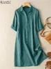 ZANZEA Women Vintage Summer Lapel Neck Shirt Dress Short Sleeve Casual Beach Midi Sundress Solid Buttons Holiday Cotton Vestidos 240423