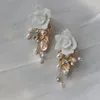 Dangle Ohrringe Slbridal handgefertigtes funkelnder Leichtmetallblatt Strass Porzellan Blume Süßwasserperlen Braut Hochzeit Ohrring Frauen Mädchen