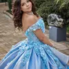 Sky Blue Quinceanera Dress Off the Rame Lace Applique Cears