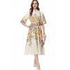 Women's Runway Dresses Stand Collar Half Sleeves Floral Printed Casual Vestidos with Belt