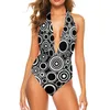 Damen Badebekleidung Schwarze weiße Kreise Badeanzug sexy geometrische Retro -N -Hals Ein Stück farbenfrohe Bodysuit Surf Push Up Graphic Badeanzug