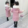 다운 코트 패션 가짜 모피 칼라 후드 후드 롱 코트 소녀 의류 어린이 겨울면 재킷 아이의 옷 따뜻한 두꺼운 파카 3-14Y
