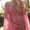 2024 Neues europäisches und amerikanisches V-Ausschnitt Blumenrosa langes Kleid für schwangere Frauen in großer Größe, großer Saumkleid von Frauen