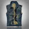 Herenvesten mannelijke veerzakken met één borsten down kraag gaten recht denim vest man distrresses Cardigan bovenkleding