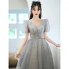 Party Dresses Silver Gray Tulle Evening Women V-Neck Puff Sleeves A-line Sequin Graduation Dress Exquisite Elegant Quinceanera Gown