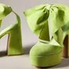 Sandals Pink/green Suede Round Toe Bow Heels Ankle Strap Platform Buckle Fashion Block Heel Women Summer Sweet Casual Dress Shoe