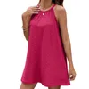 Casual Dresses Women Solid Color Halterneck Sleeveless Eyelet Loose Flared Flowy Short Dress