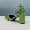 Sandals Light Green Crystal Summer Ankle Strap Fashion Wedding Shoes Woman Pointed Toe High Thick Heel Buckle 2024