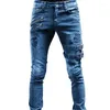 Jeans pour hommes Slim Biker Ripped Long Denim pantalon Skinny Pocket Side Stracts et Zips Pantalon de jogging masculin détruit extensible