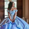 Sky Blue Quinceanera Dress Off the Rame Lace Applique Cears