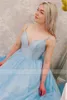 Party Dresses V-Neck Spaghetti Straps Pocket Lace Up Blue Sparkle Tulle A-Line Prom Evening Gowns Vestido Formatura Longo