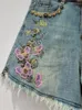 Jeans feminino shorts de jeans alta perna larga bordado flores de borboleta rebite retro 2024 Moda de verão 33a1329