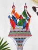 Dames badmode 2024 Ring Link Print Bodysuit Swimsuit Women One Piece Sexy vrouwelijke zwemmers Baden Zwemmen Swimpak Beachwear