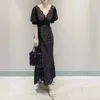 Lässige Kleider V-Ausschnitt Spitze Puff Kurzarm Vestidos Ropa Mujer Frauen Sommer 2024 Japan Style Elegant Tunic Bodycon Robe