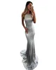 2019 Silver Mermaid Elatic Satin Prom Vestidos Sexy Vestido de fiesta formal sin espalda vestidos de dama de honor Dres3860780
