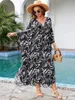 Sexy v halsfarben gefärbt gedruckt Kaftan Chiffon Badeanzug Decken Sie 2024 Sommer -Leichtgewicht -Outfit Maxi Kleid Q1578