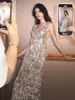 Robes de fête Tassel Silver Prom Dance Club Sexy V-Neck Woman sans manches Split Slim Cocktail Cérémonie brillante Robes de soirée 2024