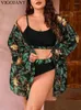 Frauen Badebekleidung Vigojany 2024 Drucken 3 -teiliges Langarm Smock Plus Size Bikini Set Women STOPS Up großer Badeanzug hoher Taille mollig baden