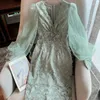 Lässige Kleider elegante Frauen -Promise -Frau Süße bloße Mesh Stickerei Bubble Sleeve Diamonds Party Vestidos Robe Bankett Kleidung J194