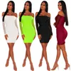 Vestidos casuais Volalo Fashion Vestido sexy de aniversário para mulheres Malha de manga comprida néon apertado elegante fora do ombro mini plissado