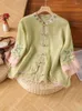 Blusas femininas bordadas em estilo chinês de verão camisa vintage linear linho de algodão solto tops de mangas curtas Roupas 2024