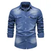 Camisas casuais masculinas jeans de algodão elástico 2024 camisa de cowboy masculino de manga longa qualidade fit fit macharwear bolso de bolso de designer de designer de designer