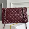 Luxe designer tas medium klassieke klep zak 25 cm vrouw echte lederen tas luxe handtassen echt lederen gewatteerde portemonnee bordeaux