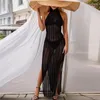Encobrimento de praia para mulheres pareo sets de banheira terno de banho malha de biquíni biquíni solar colo sexy color sólido colorido halter split vestido