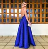 Feestjurken Janevini Sexy Royal Blue Long Prom 2024 Deep V-Neck Backless Dames Gala-jurken Satijn Spaghetti Banden Formele kleding